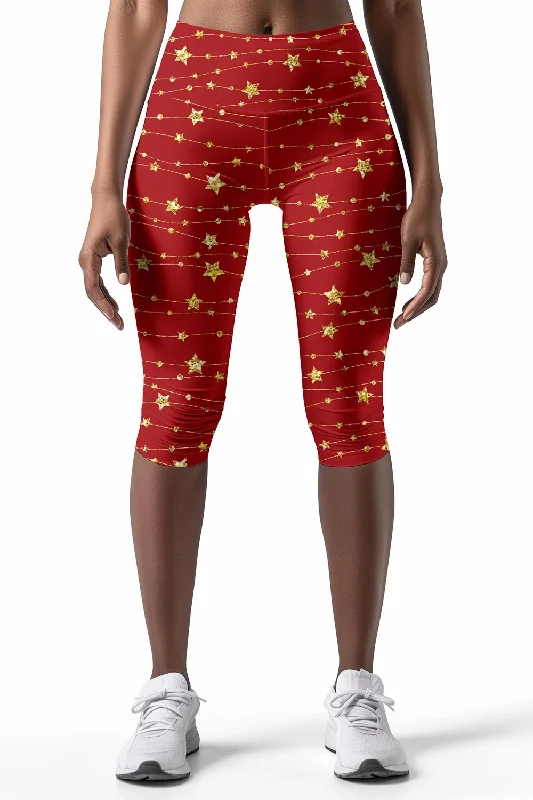 Sale Event Luxe-Berry Ellie Red Star Print Christmas Yoga Capri Leggings - Women