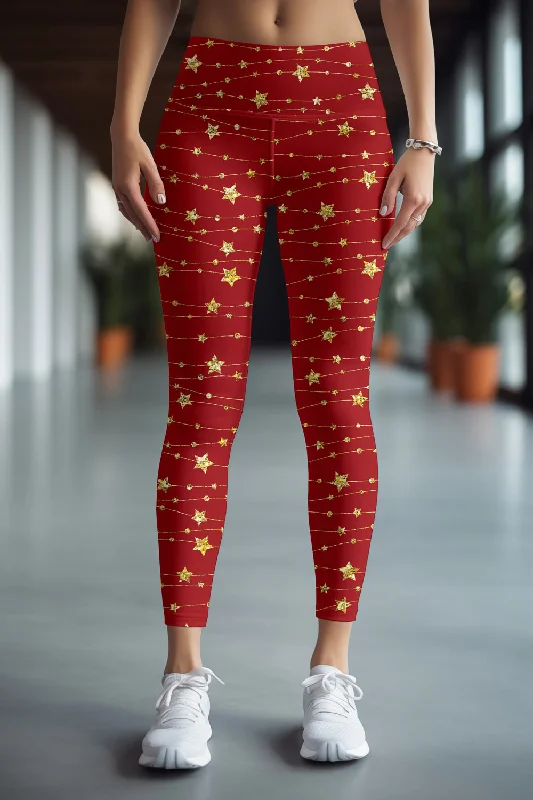 Early Access Luxe-Berry Lucy Red Star Printed Christmas Leggings Yoga Pants - Women