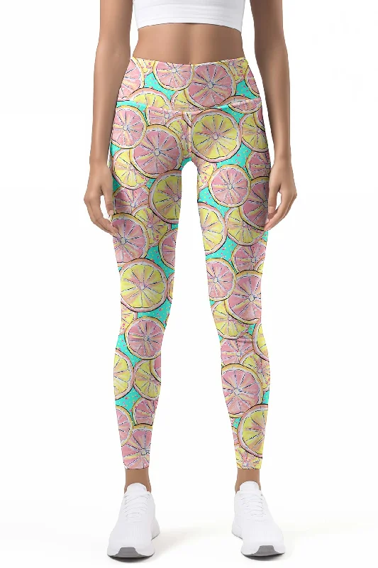 Members Only Marmalade Lucy Pink & Yellow Lemon Print Leggings Yoga Pants - Women