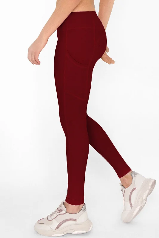 Markdowns 4 for $54 - Maroon Red Cassi Side Pockets Workout Leggings Yoga Pants - Women Markdowns 4 for $54 - Maroon Red Cassi Side Pockets Workout Leggings Yoga Pants - Women
