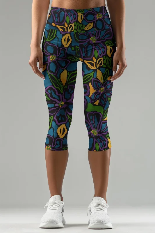 Low Prices Mauritius Ellie Blue Floral Print Athletic Yoga Capri Leggings - Women