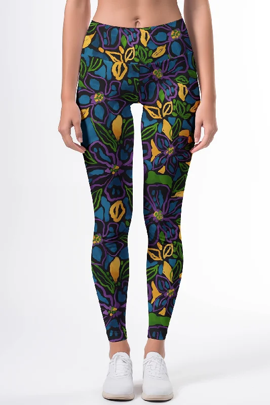 Discount Days Mauritius Lucy Blue Floral Printed Workout Leggings Yoga Pants - Women