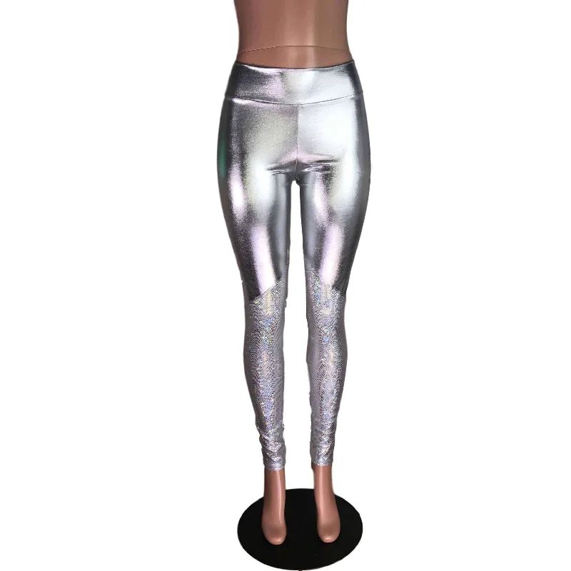 Last Chance Metallic Silver and Shattered Glass Mid-Rise Leggings Pants