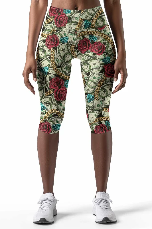 Time-Limited Offer Money Magnet Ellie Green Dollar Rose Print Yoga Capri Leggings - Women