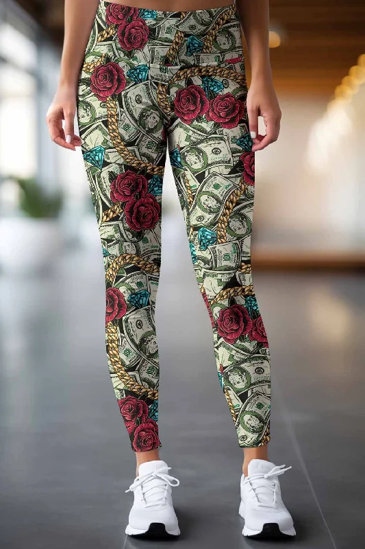 Final Markdown Money Magnet Lucy Green Dollar Rose Print Leggings Yoga Pants - Women Final Markdown Money Magnet Lucy Green Dollar Rose Print Leggings Yoga Pants - Women