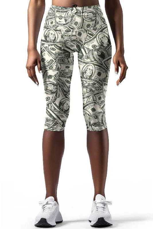 Super Bargain Money Manifest Ellie Green Dollar Printed Yoga Capri Leggings - Women