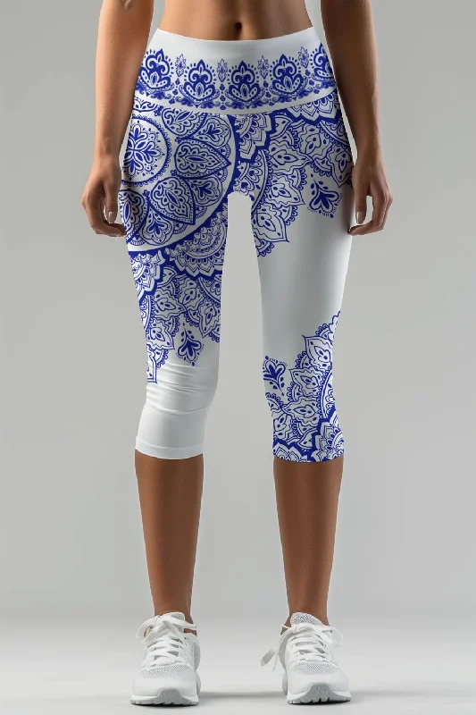 Low Prices Nirvana Ellie White Blue Boho Performance Yoga Capri Leggings - Women