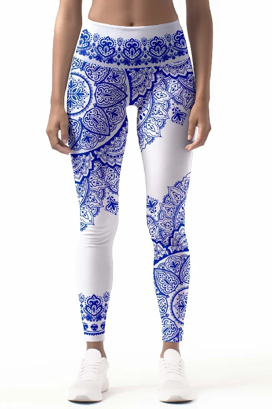 Can't Miss Nirvana Lucy White Blue Geometric Boho Leggings Yoga Pants - Women