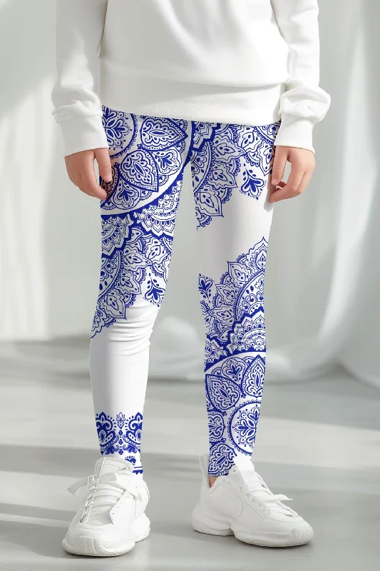 Take Advantage Nirvana Lucy White Blue Geometric Boho Print Trendy Leggings - Kids