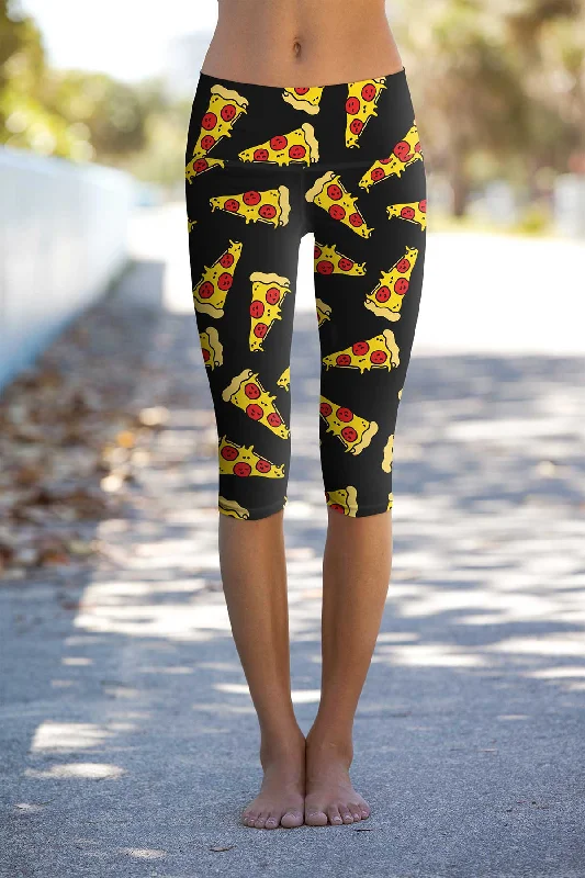 Blowout Deals Pepperoni Ellie Black Pizza Print Performance Capri Leggings - Women