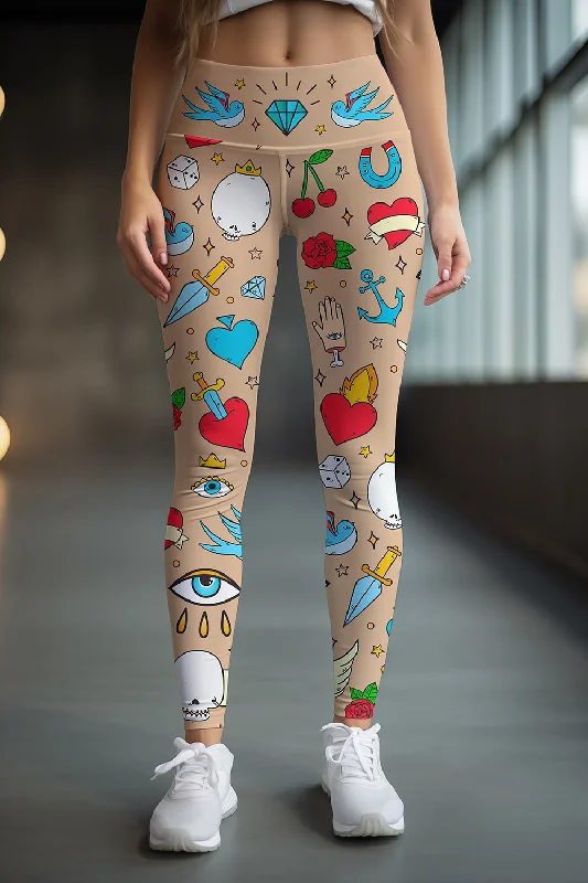 Price Drop Pretty in Ink Lucy Beige Tattoo Print Leggings Yoga Pants - Women