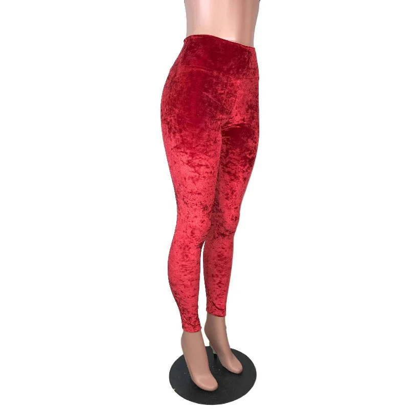 Year-End Sale Red Crushed Velvet High Waisted Leggings Pants