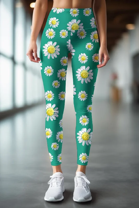Deal Dash Remarkable Daisy Lucy Emerald Green Floral Leggings Yoga Pants - Women