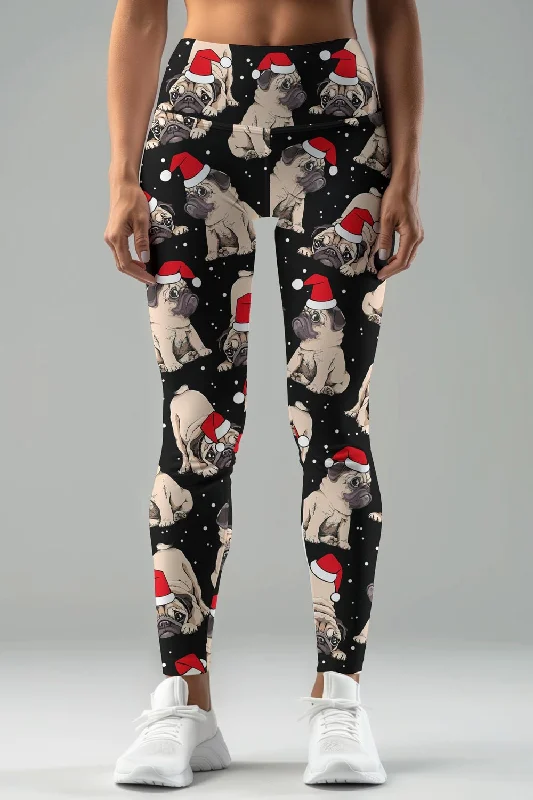 Blowout Sale Santa Puglaus Lucy Black Dog Christmas Holiday Winter Leggings - Women