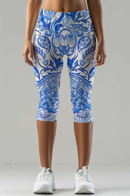 Limited Time Discount Santorini Ellie White Blue Performance Yoga Capri Leggings - Women Limited Time Discount Santorini Ellie White Blue Performance Yoga Capri Leggings - Women