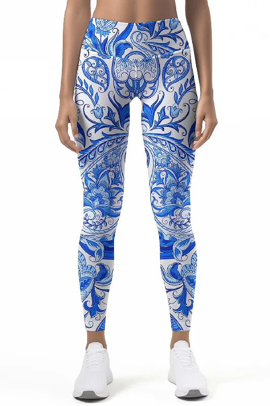 Best Bargains Santorini Lucy White Blue Floral Print Leggings Yoga Pants - Women