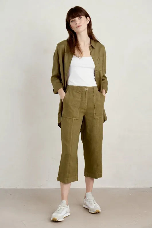 Members Only Seasalt Poleacre Cropped Linen Trousers - Fern Moss
