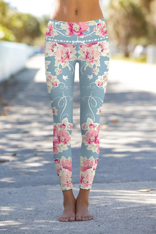 Crazy Savings Serenity Lucy Light Grey Floral Print Leggings Yoga Pants - Women