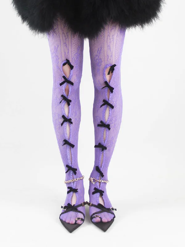 Today Only Black Bowknot Purple Fishnet Stockings