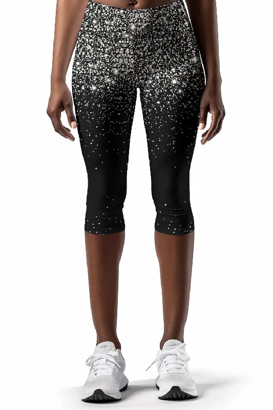 Season Finale Sale Silver Chichi Ellie Black Glitter Printed Yoga Capri Leggings - Women Season Finale Sale Silver Chichi Ellie Black Glitter Printed Yoga Capri Leggings - Women