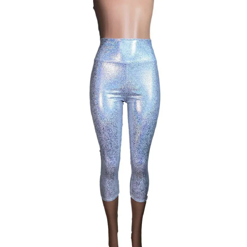 Great Deals Silver Holographic Cropped Capri Leggings Pants