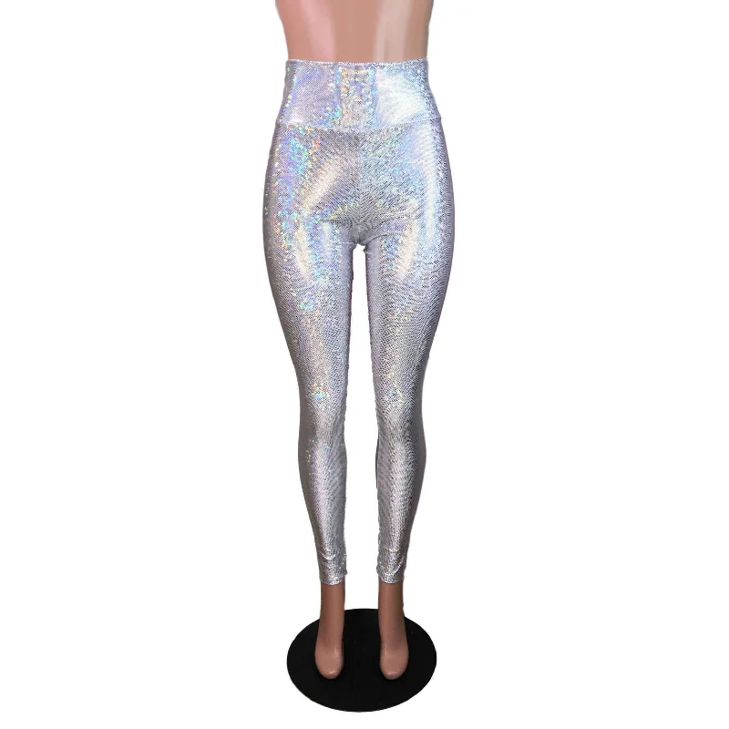 Best Seller Silver Shattered Glass Holographic High Waisted Leggings Pants