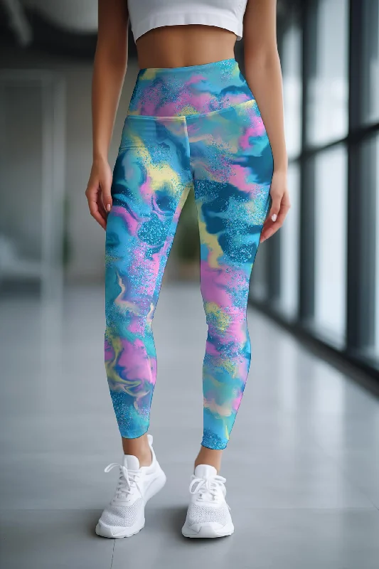 Loyalty Reward Smoothie Bowl Lucy Blue Tie Dye Printed Leggings Yoga Pants - Women