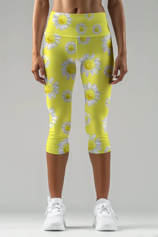 Lowest Price Striking Daisy Ellie Bright Yellow Floral Yoga Capri Leggings - Women