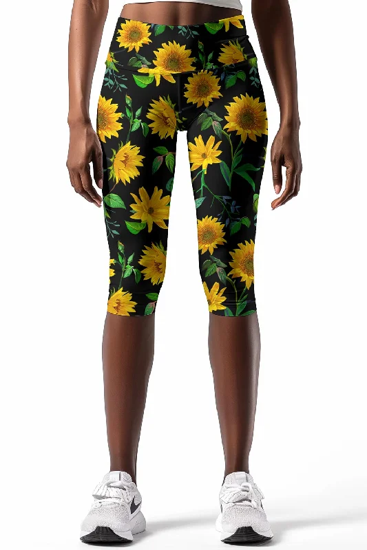 Price Break Sunnyflower Ellie Black & Yellow Floral Yoga Capri Leggings - Women