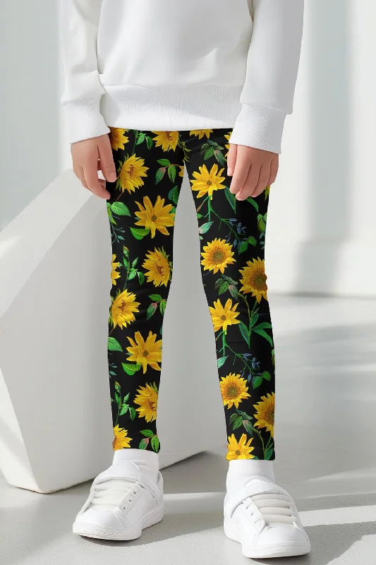 Super Deal Sunnyflower Lucy Black & Yellow Cute Floral Printed Leggings - Kids