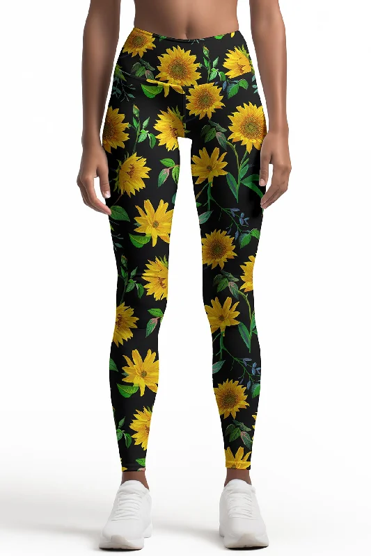 Special Price Sunnyflower Lucy Black & Yellow Floral Printed Yoga Leggings - Women