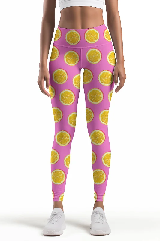 Can't Miss Tutti Frutti Lucy Pink Lemon Print Workout Leggings Yoga Pants - Women