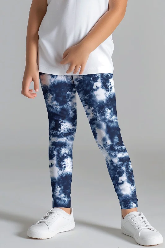 Weekend Deal Waterfall Lucy Blue Cute Tie Dye Printed Stretch Leggings - Kids