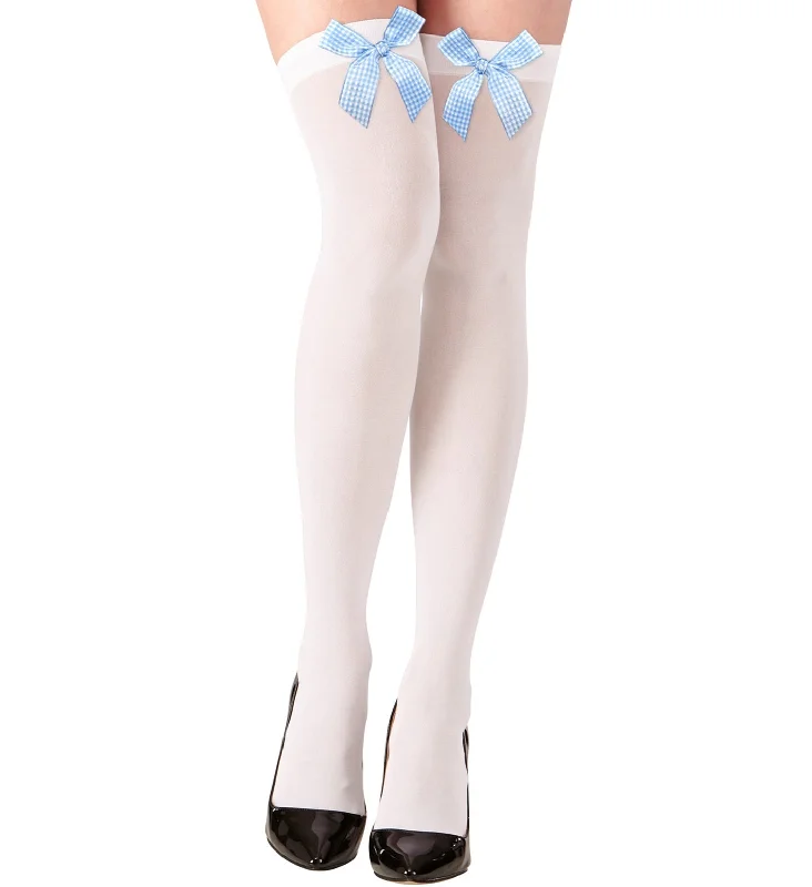 Online Only White Thigh Highs with Azure Vichy Bows