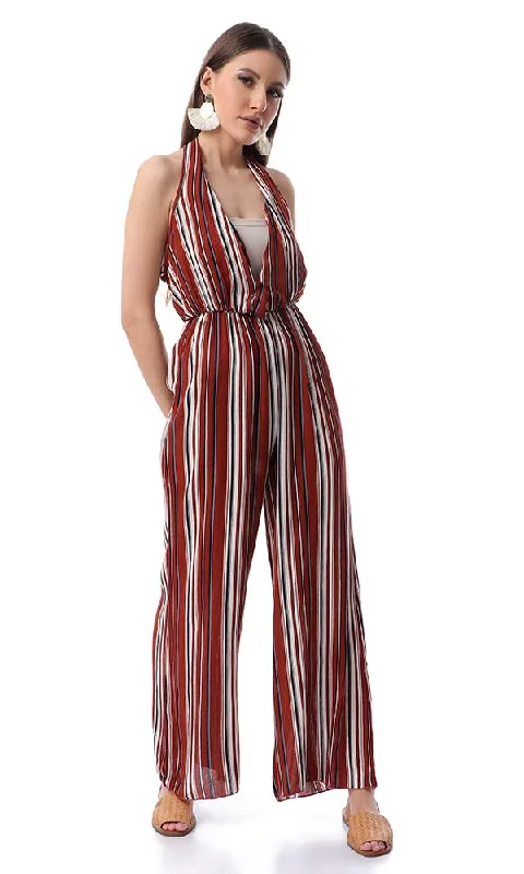 Closeout Sale 53445 Striped Fluffy Slip On Burnt Orange Jumpsuit