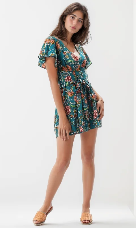 Limited Time Discount 57310 Floral Patterned Short Sleeves Romper With Lace Up
