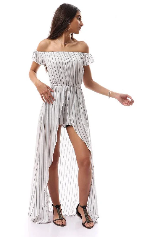 Price Blitz 57329 Off-Shoulders Striped Playsuit With Long Extension - White & Black