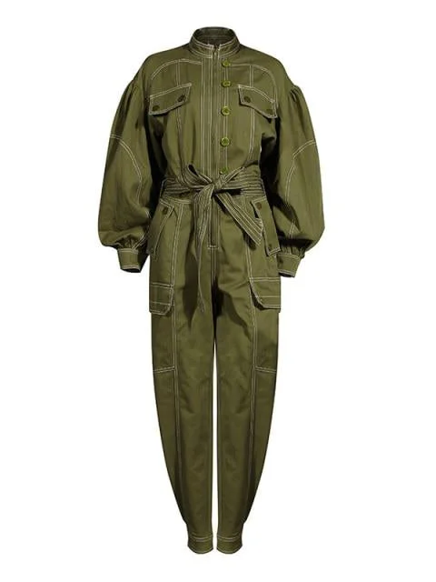 Special Buy Ashoreshop Casual Army Green Slip On and Go Jumpsuit For Women Stand Collar Lantern Sleeve