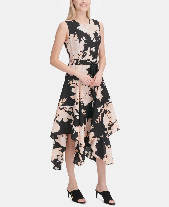 Final Clearance Calvin Klein Floral Handkerchief Hem Midi Dress