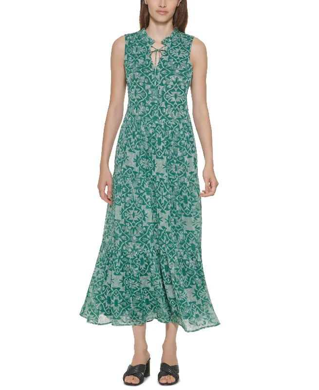 One-DAY Sale Calvin Klein Tie-Neck Tiered Maxi Dress