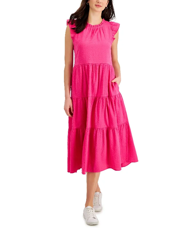 Stock Clearance Charter Club Womens Solid Cotton Tiered Dress