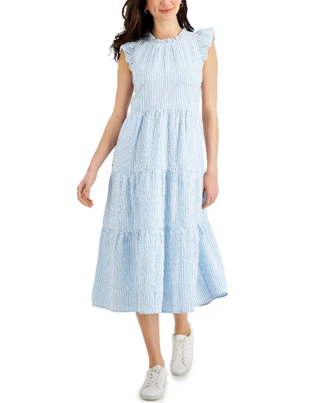 Steals and Deals Charter Club Womens Woven Striped Seersucker Dress