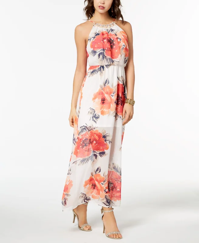 Buy Now Crystal Doll Juniors Printed Beaded Illusion Maxi Dress