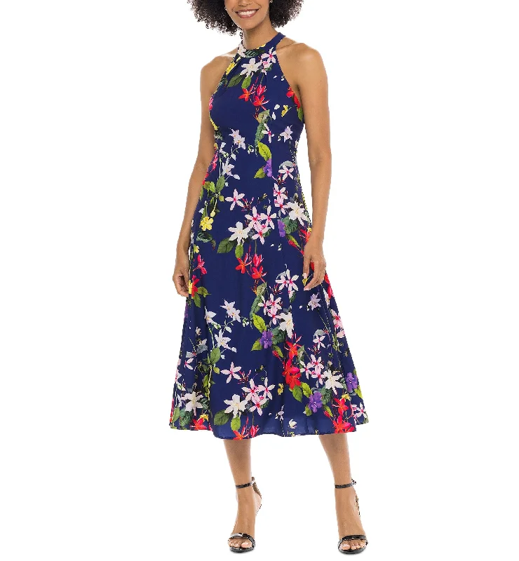 Deal Dash Donna Ricco Womens Pleated Neck Midi Dress