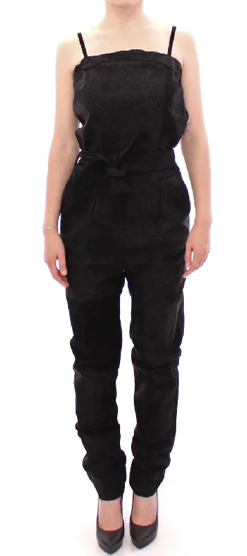 Early Access Elegant Black Leather Jumpsuit With Waist Strap