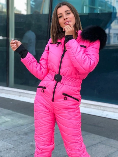 Stock Up and Save Fur Hooded Ski Jumpsuit Women Elastic Waisted Coat Long Sleeve Outerwear