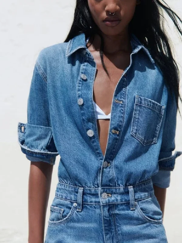 Massive Deals Ashore Shop Denim Jumpsuit 2023 Women Autumn Spring New Long Sleeve Solid Color Blue Straight Street Casual Pants Fashion Trend Massive Deals Ashore Shop Denim Jumpsuit 2023 Women Autumn Spring New Long Sleeve Solid Color Blue Straight Street Casual Pants Fashion Trend