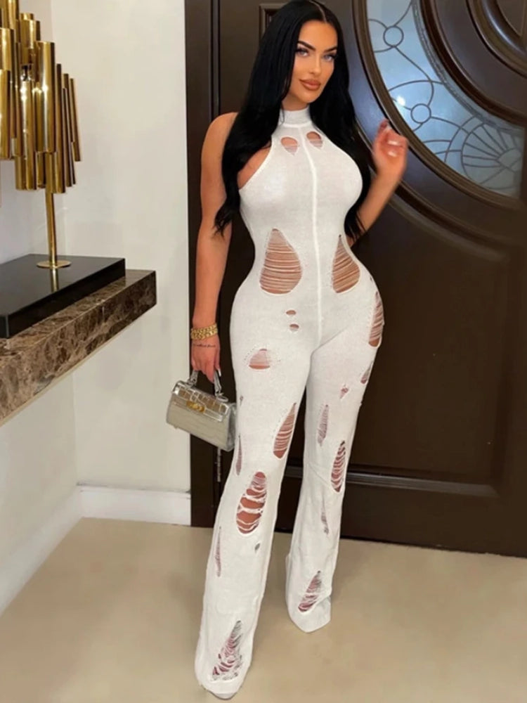 Big Discounts Solid Knitted Jumpsuit Unique Hipster Holes Ladies Jumpsuit Hollow Out Sexy Jumpsuits