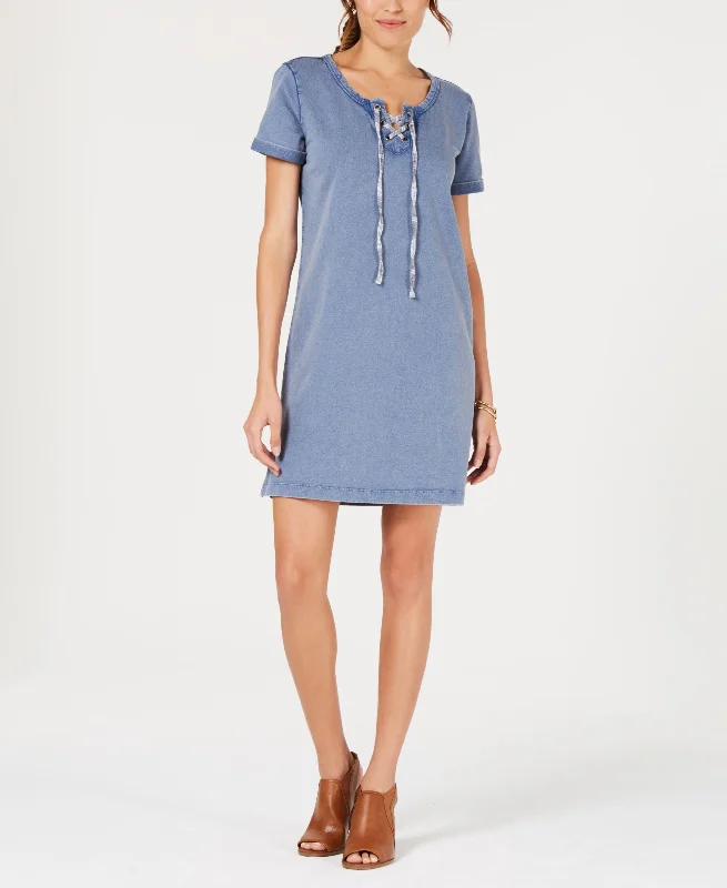 Time-Limited Offer Style & Co Lace Up Cotton T-Shirt Dress