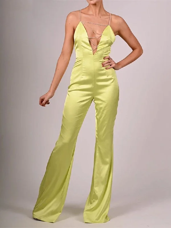 New Arrival Summer Jumsuit Chain Lace-up Satin Boydcon Jumpsuit Women Backless High Street One Piece Wide Leg Jumpsuits New Arrival Summer Jumsuit Chain Lace-up Satin Boydcon Jumpsuit Women Backless High Street One Piece Wide Leg Jumpsuits